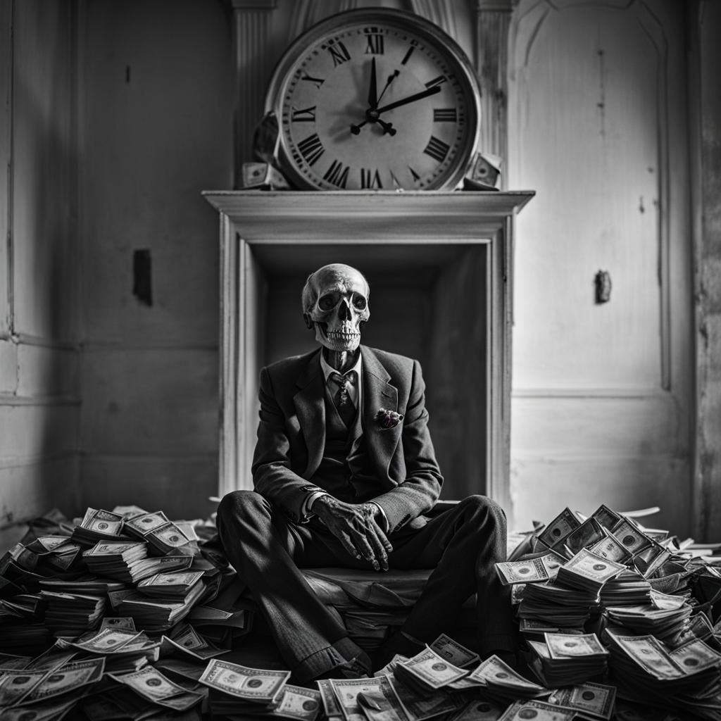 Skeleton in White Room with Decaying Money