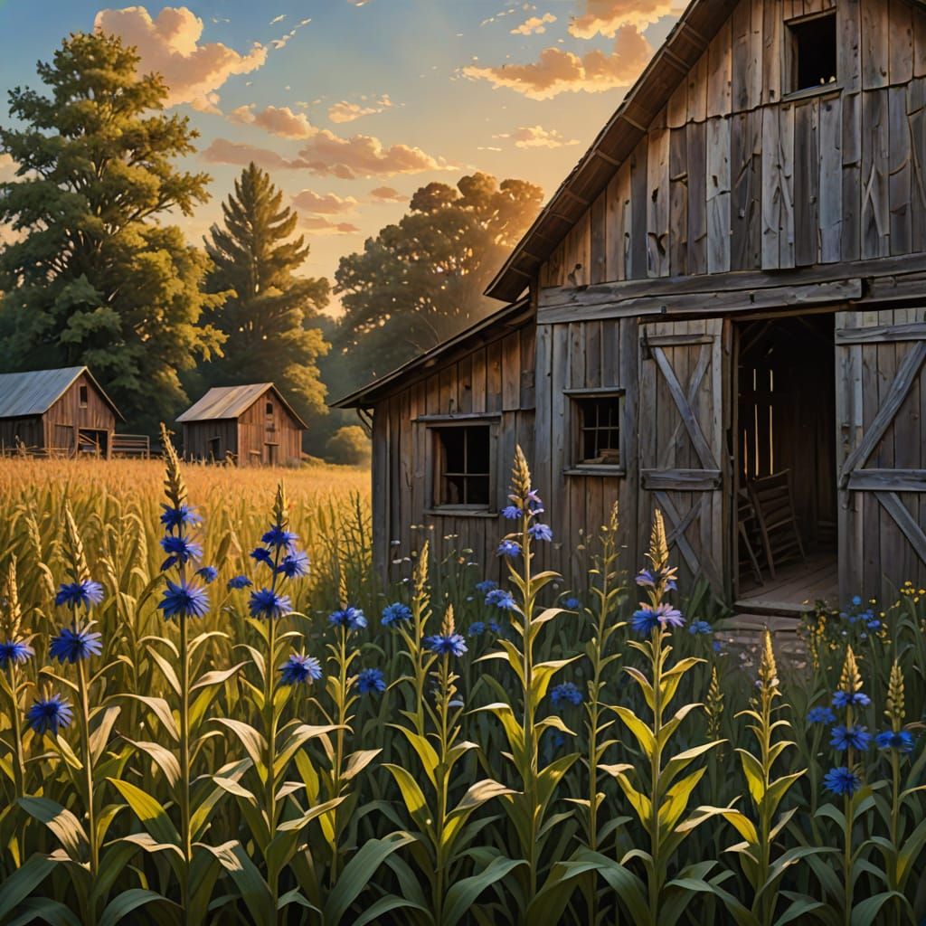 Vibrant Floral Scene Next to Rustic Barn at Golden Hour