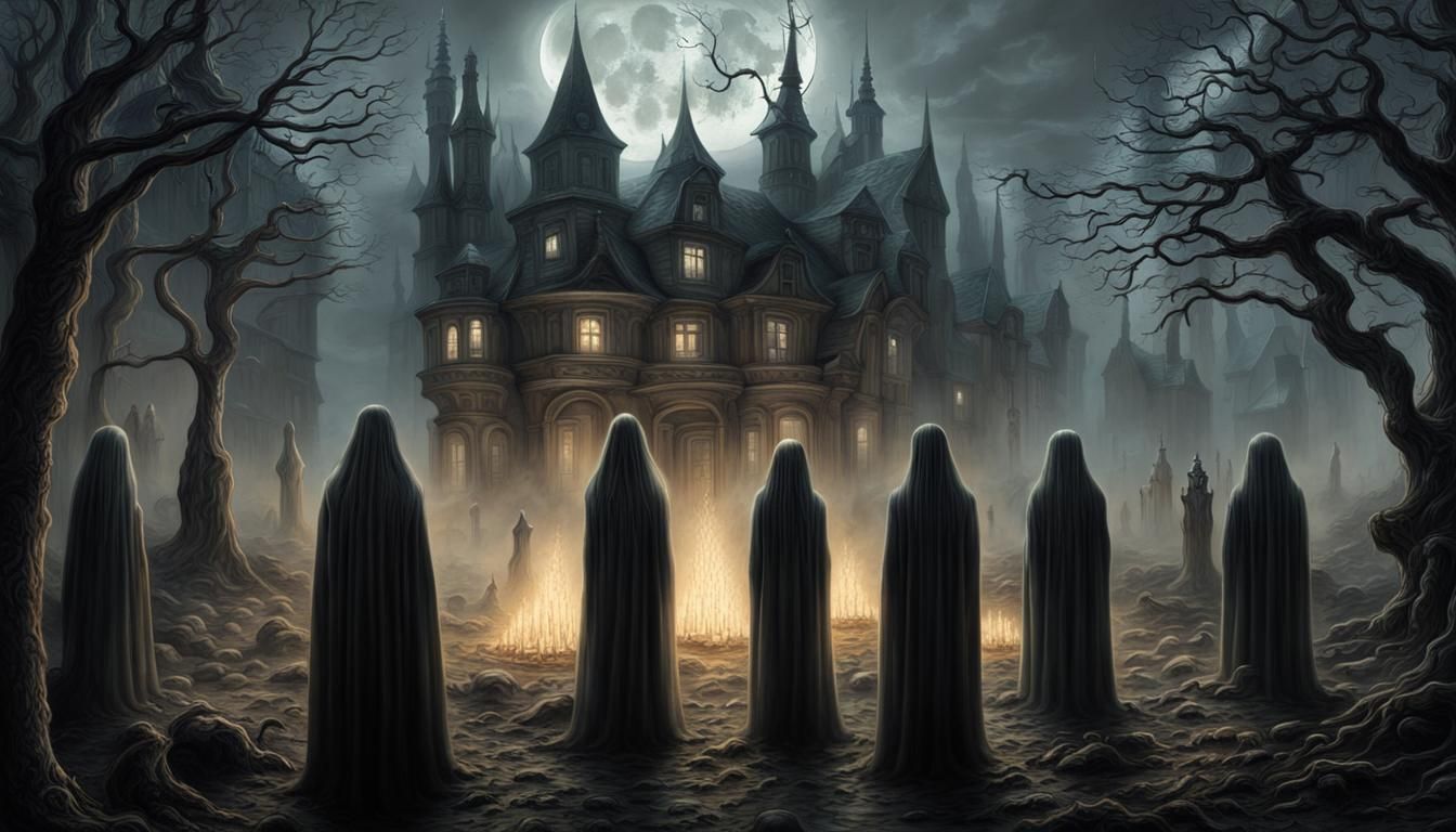 Mysterious Séance in Misty Village, Dark Fantasy Art