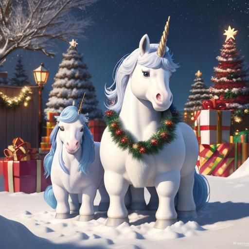 Unicorn Family Christmas: A Humorous Botero-Inspired Scene