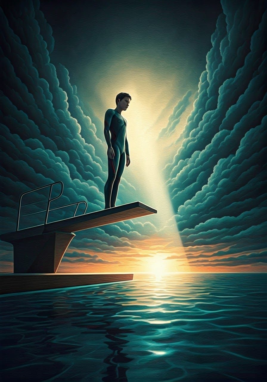 Diver Poised on Diving Board in Pointillism Style