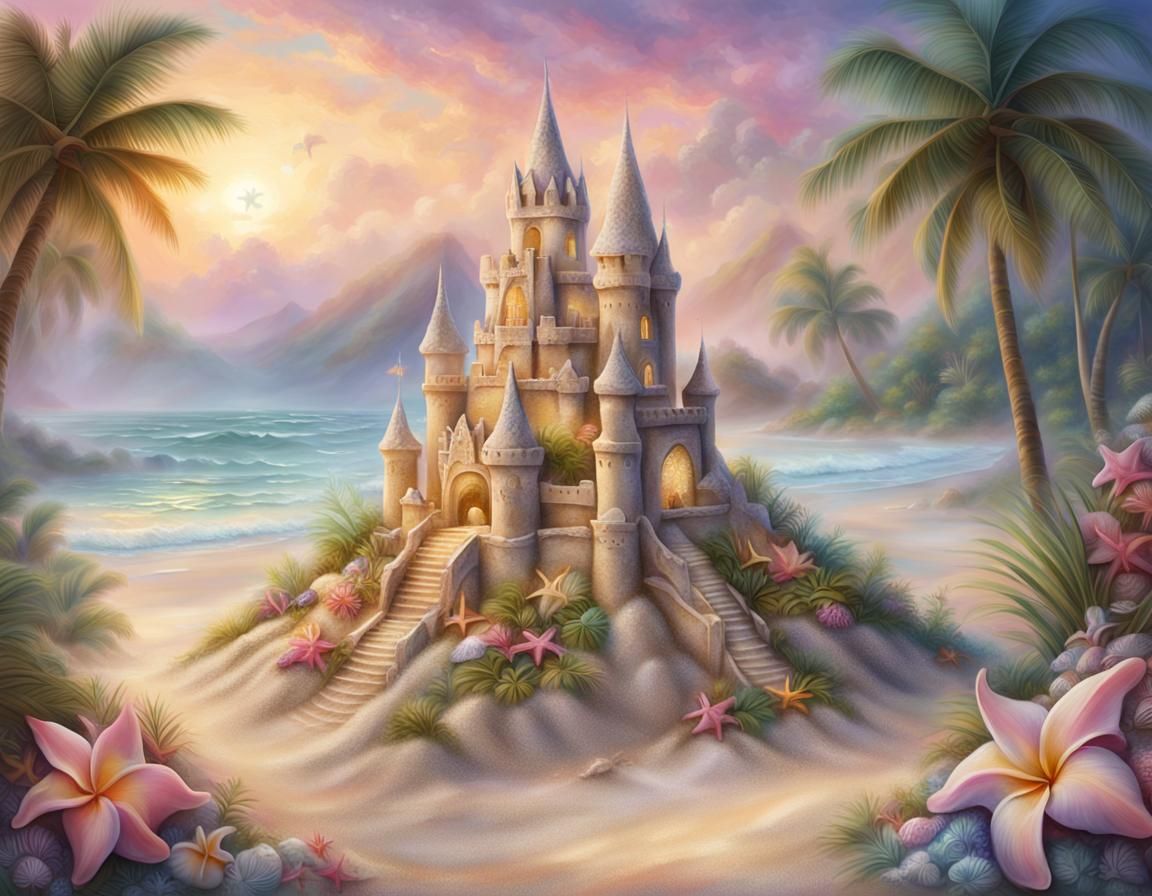 Ethereal Sandcastle on Tropical Beach, Digital Art