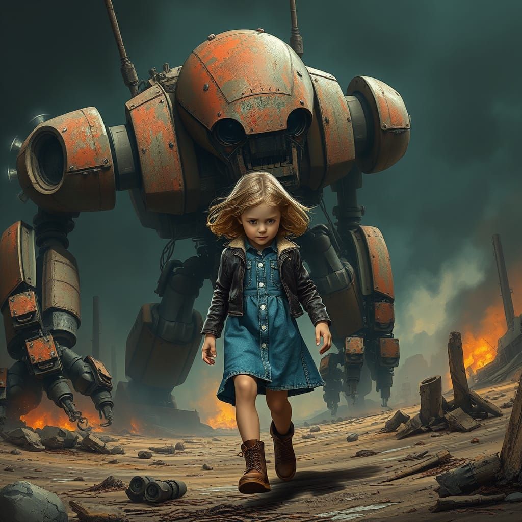 Girl Guides Robot Through Apocalyptic Landscape