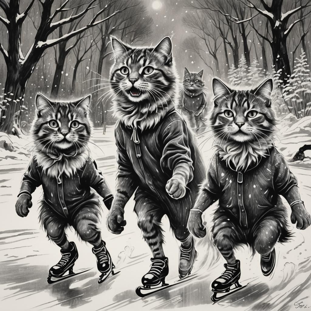 Anthropomorphic Cats Ice Skating: Charcoal and Ink Drawing
