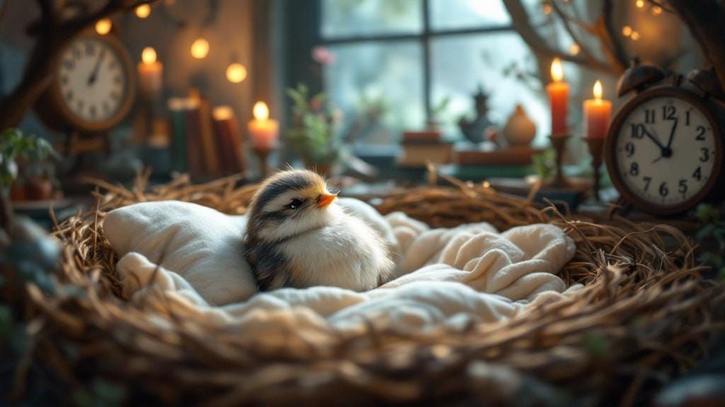 Cozy Bird Nest Scene with Books and Soft Light