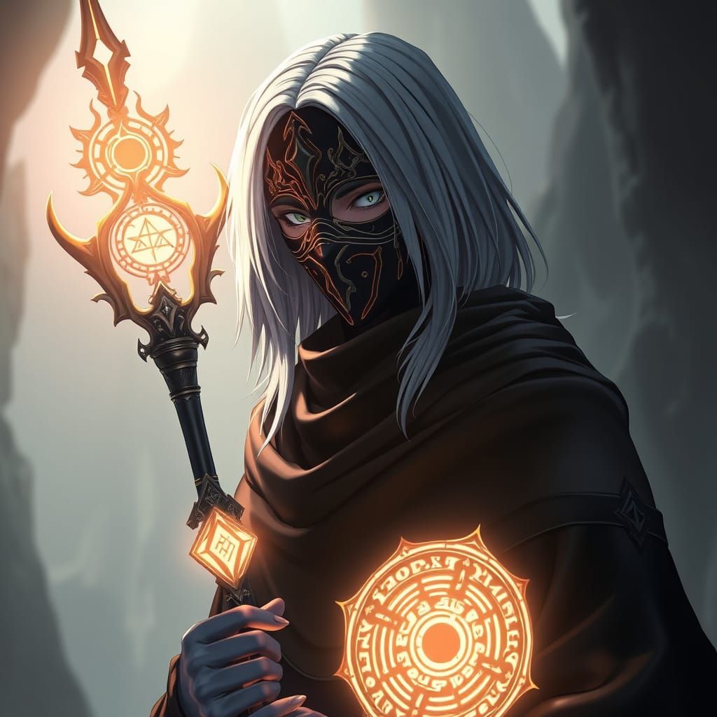 Mystical Masked Figure with Luminous Staff in Anime Style