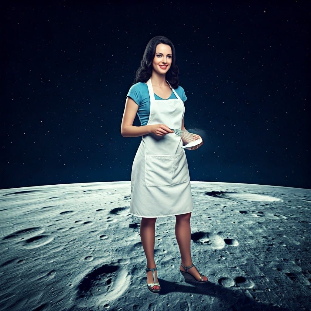 Surreal Lunar Scene with Woman and Whisk