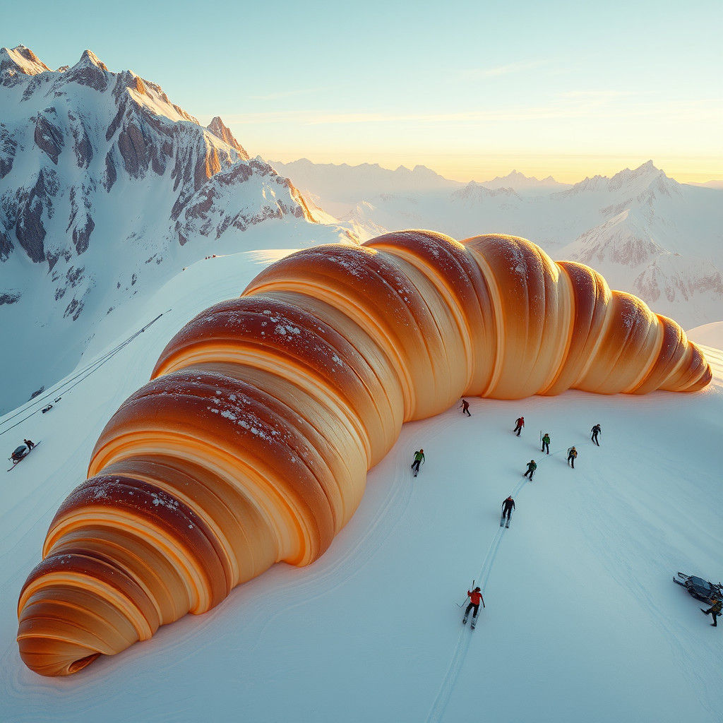 Giant Croissant Mountain Adventure in Digital Art Style