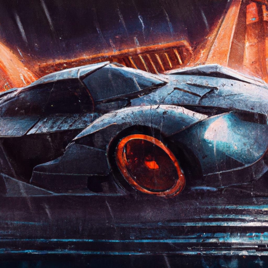 Futuristic Supercar in Rainy Cityscape, Gouache Style