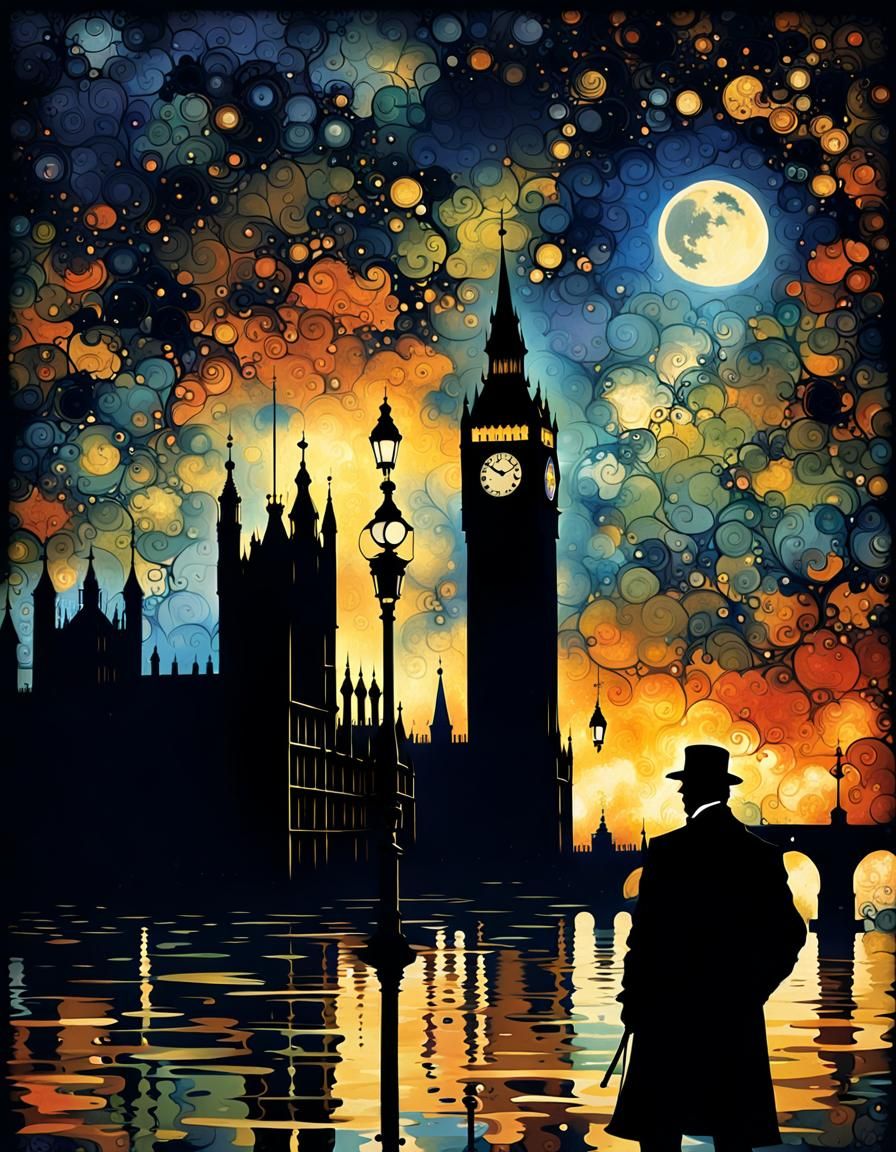 Sherlock Holmes Silhouette at Midnight: Steampunk Painting