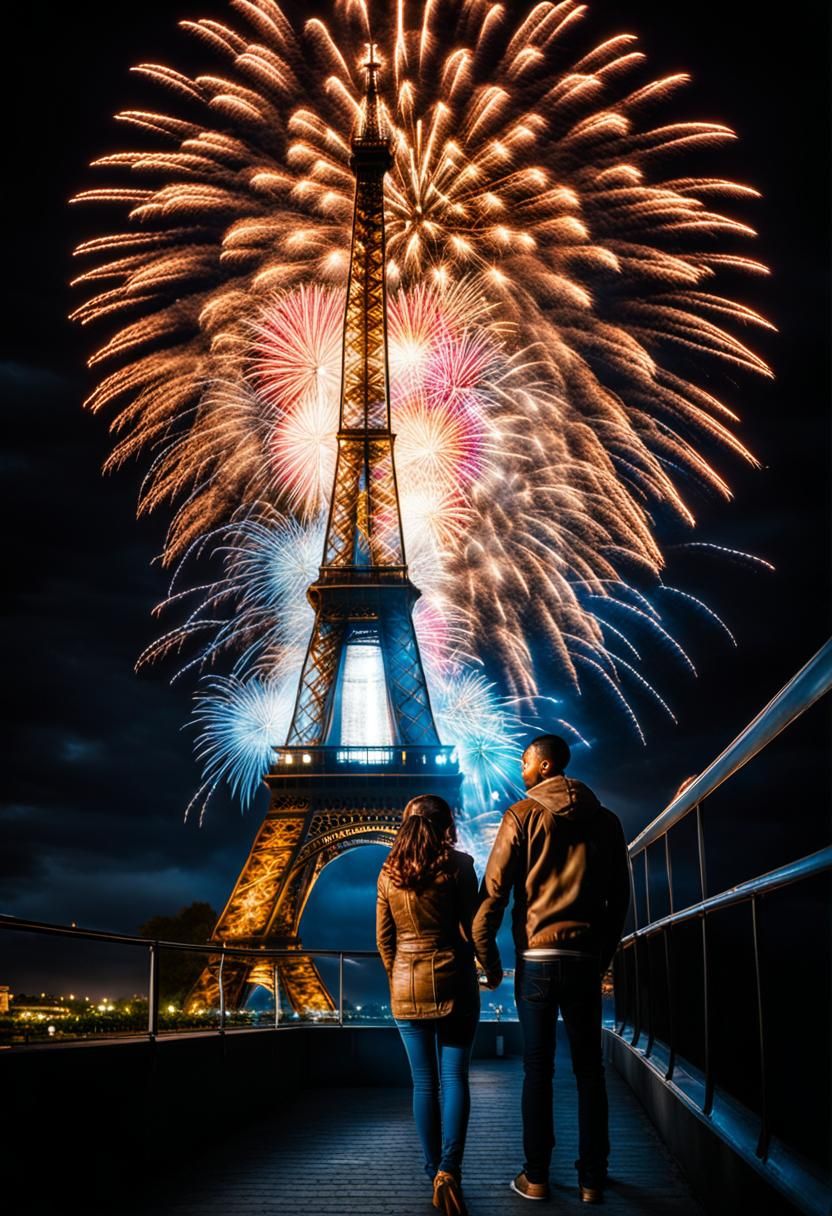 Romantic Couple Under Eiffel Tower Fireworks Display