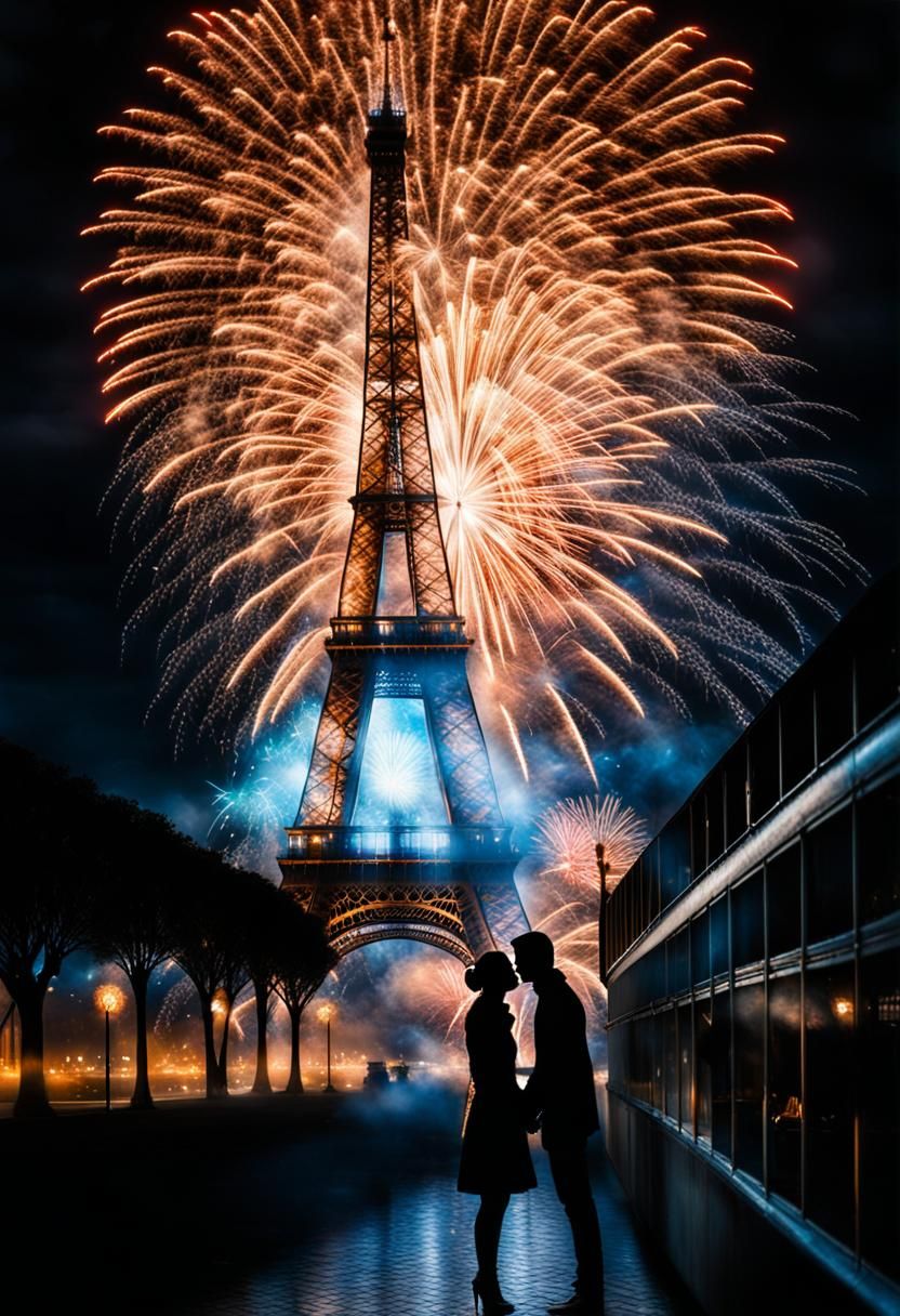 Romantic Fireworks Display Above Eiffel Tower, Paris