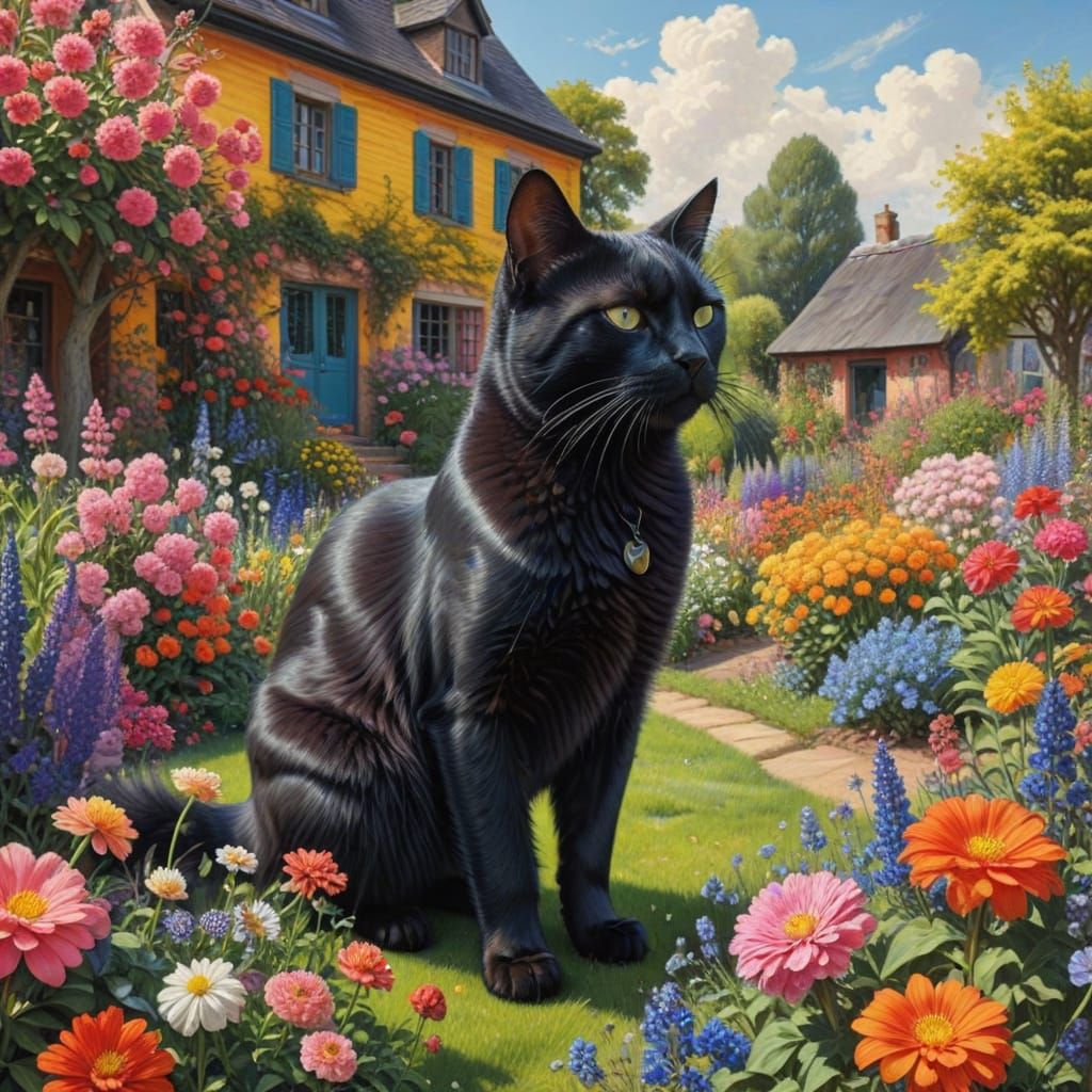 Hyperdetailed Black Cat in Flower Garden, Pencil Drawing