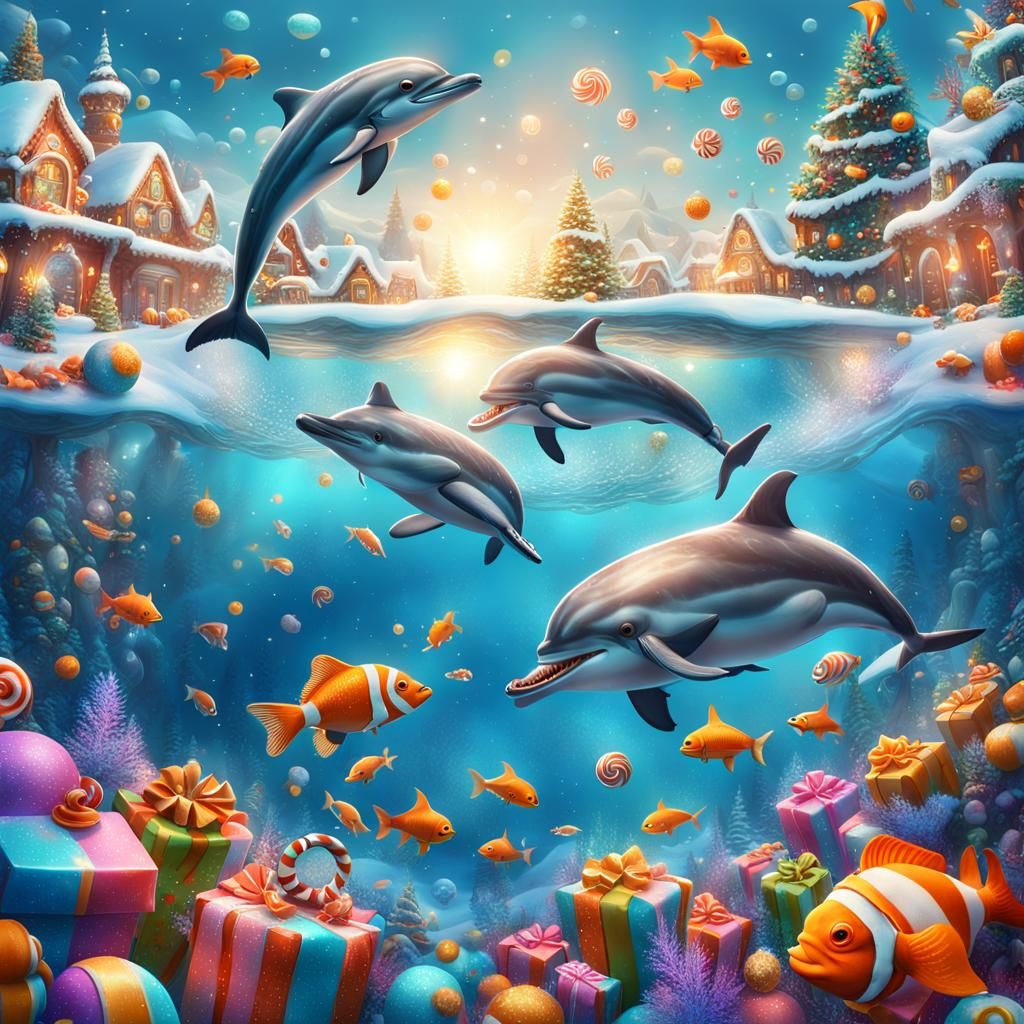 Dolphins Celebrate Christmas in Candyland Art Style