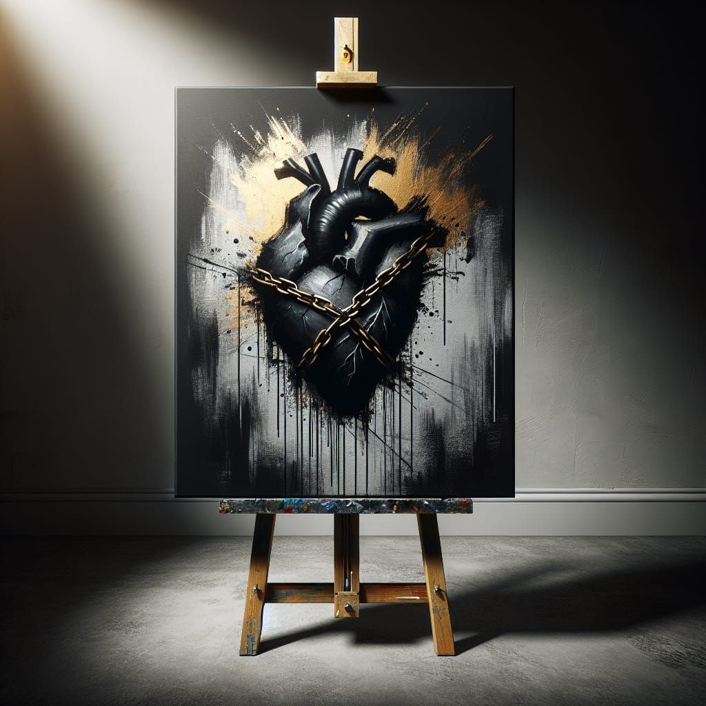 Grunge Painting of Chained Black Heart with Gold Highlights