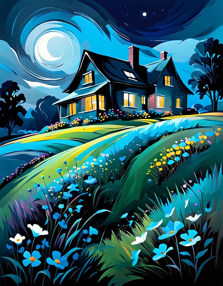 Dramatic Cottage in Moonlit Meadow: Abstract Expressionism