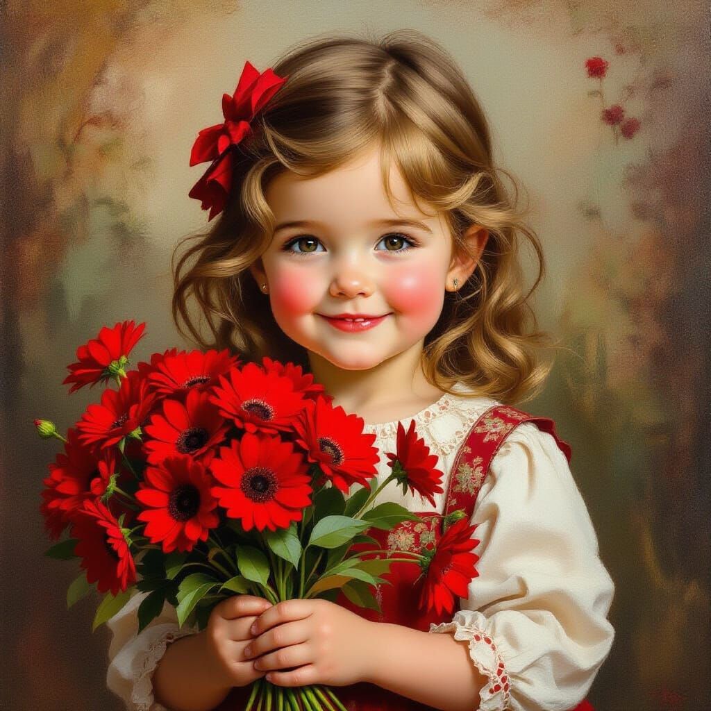 Lifelike Girl Holding Red Flowers Oil Painting
