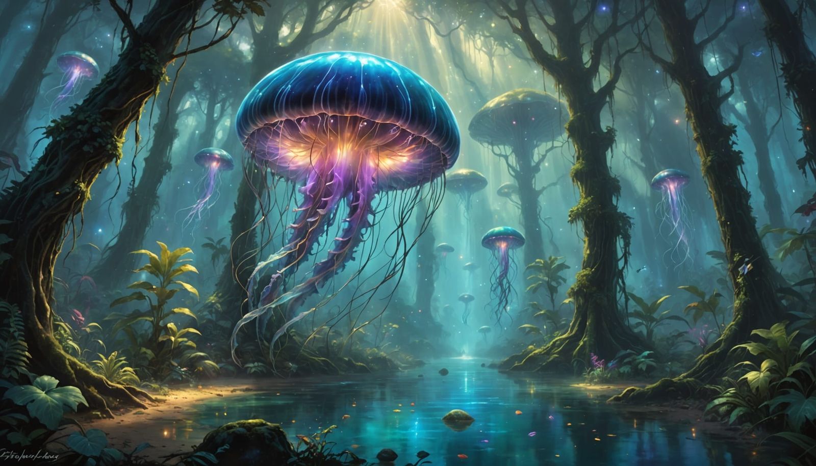Iridescent Jellyfish Dances with Jungle Spirits in Mystical...
