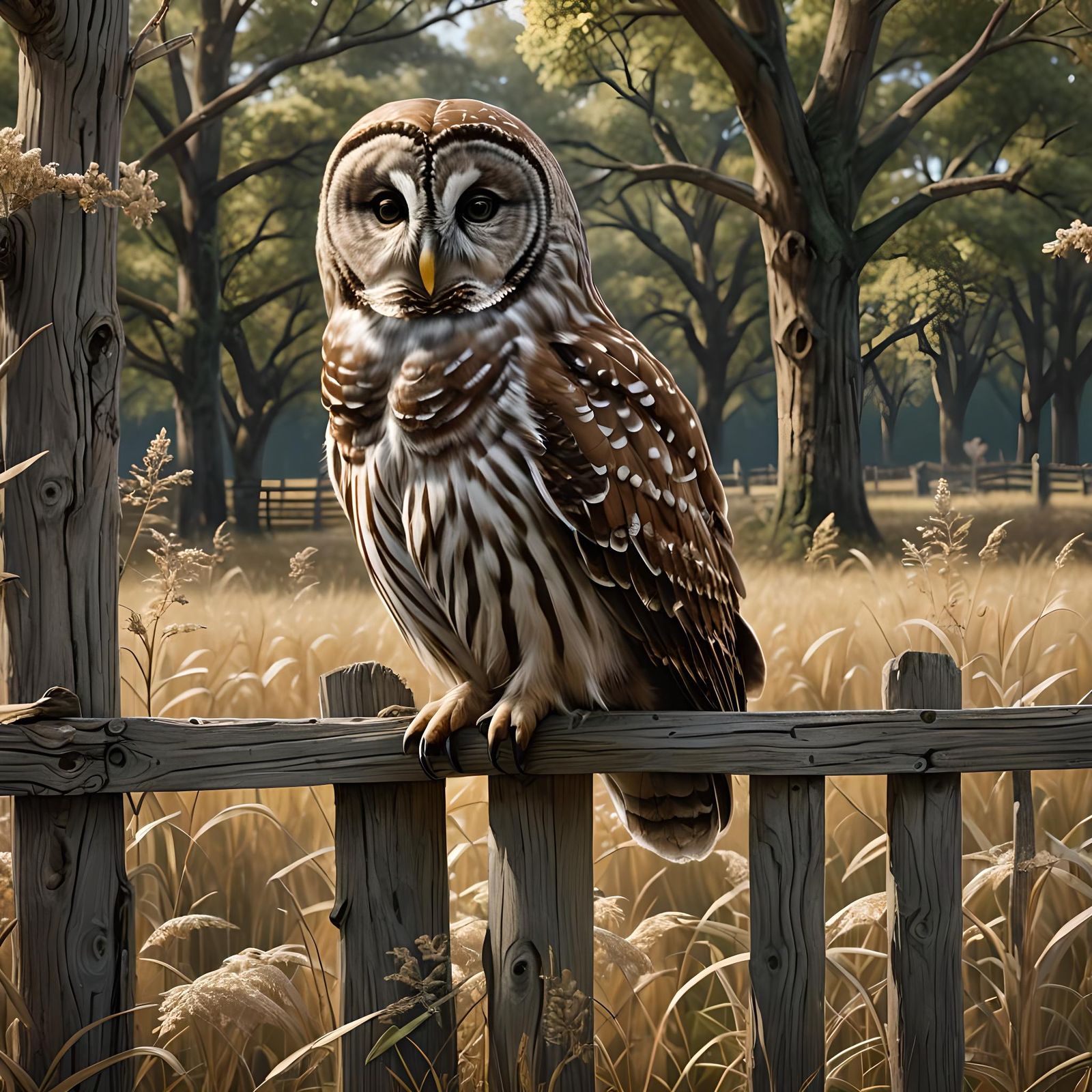 Barred Owl on Fence in Open Field