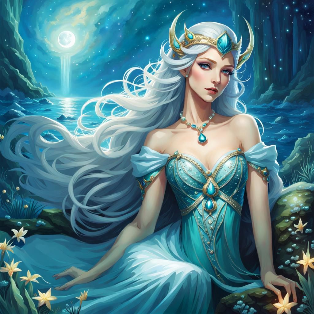 Elf Maiden Moon Priestess in Aquatic Scene
