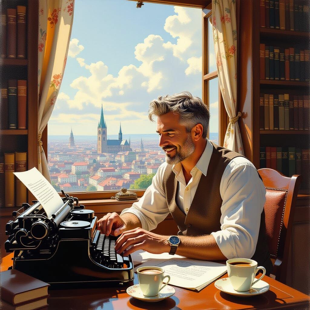 Joyful Writer Typing in Book-Filled Room, Sunny Cityscape