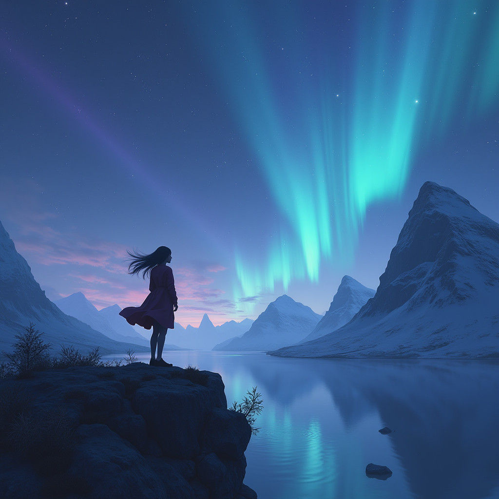 Girl Gazes at Northern Lights on Cliffside