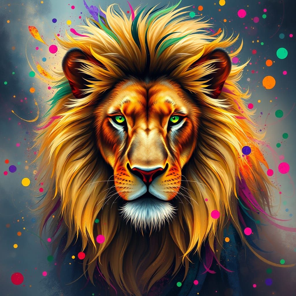 Regal Lion in Vibrant, Magical Realism Style