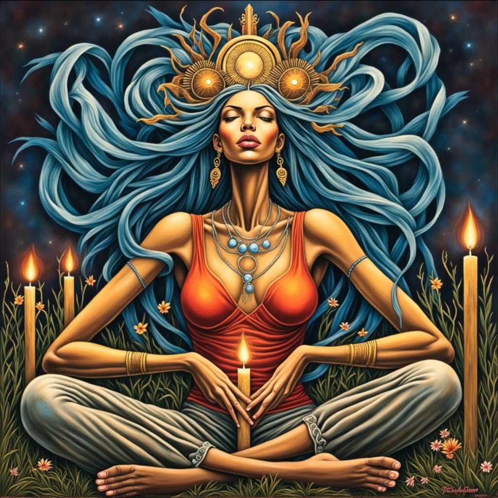 Woman in Contemplation Surrounded by Mystical Symbols and Na...