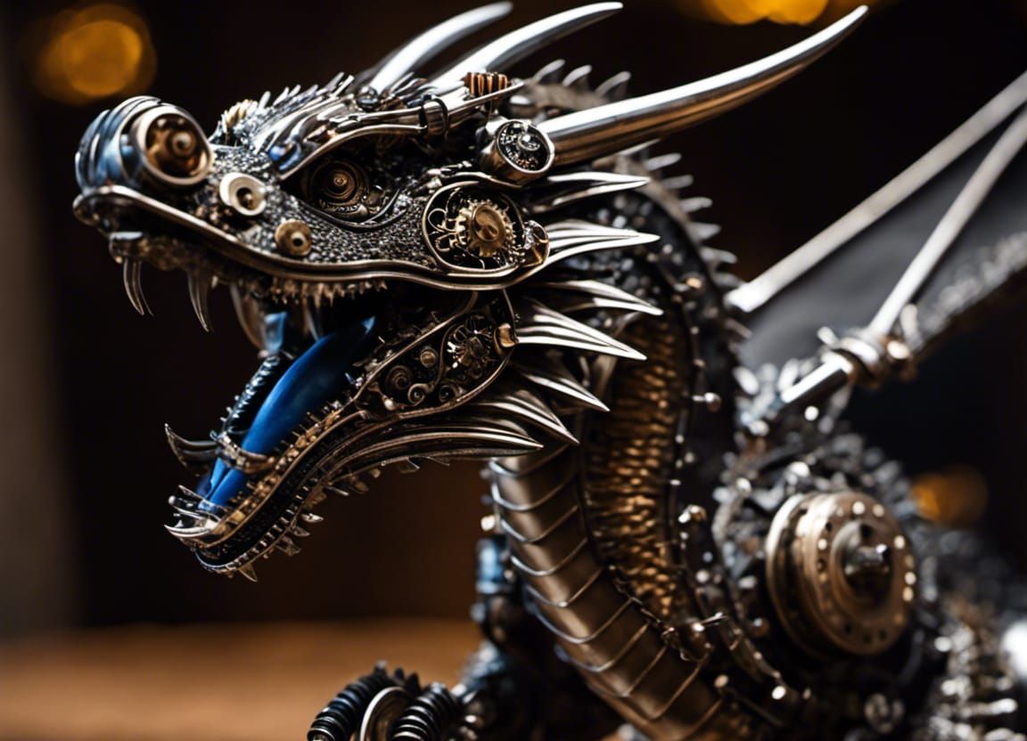 dragon sculpture made from recycled gears, nuts, bolts, metal items_hyper-realistic_8k resolution