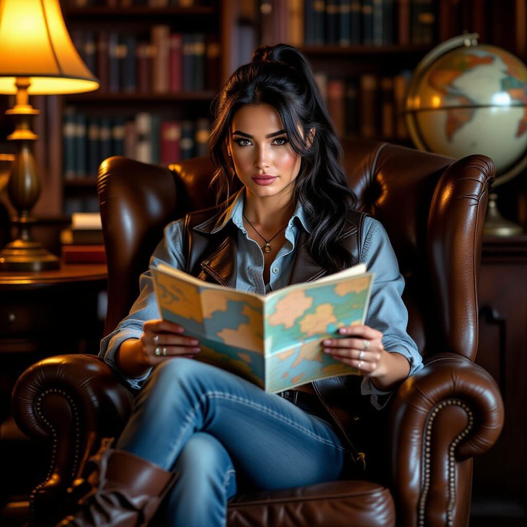 Woman Reading Map in Leather Armchair, Realistic Photography