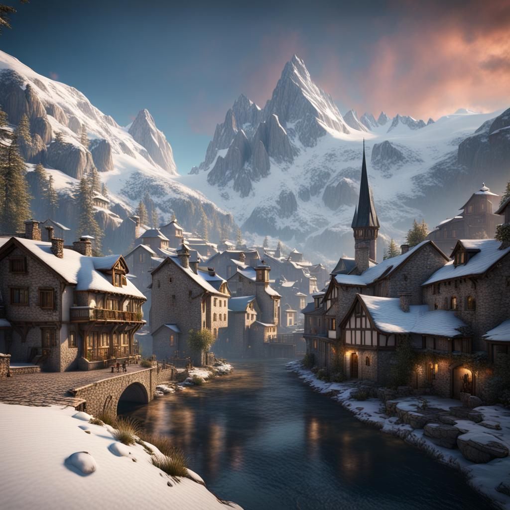 Snowy Pyrenees Town: Detailed Matte Painting