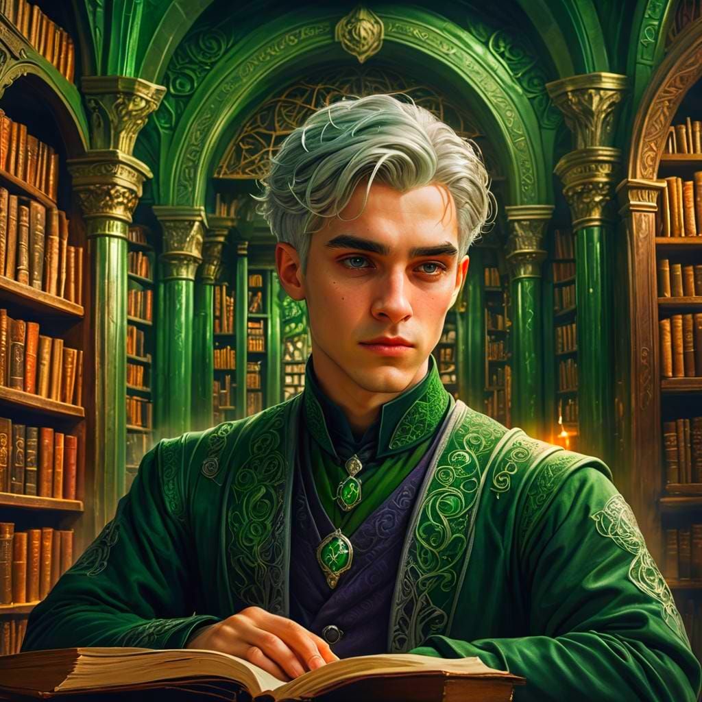 Boy with Green and Silver Hair, Detailed Fantasy Art