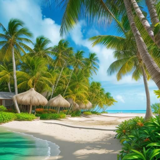 Tropical Beach with Palm Trees in Impressionist Style