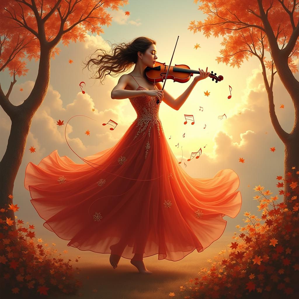 Autumnal Violinist Dances in Golden Light