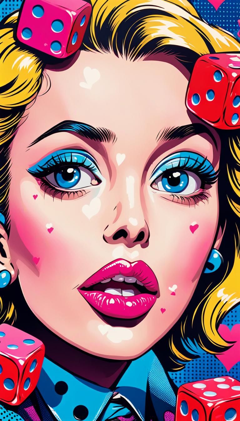 Pop Art Lips and Dice in Comic Book Style