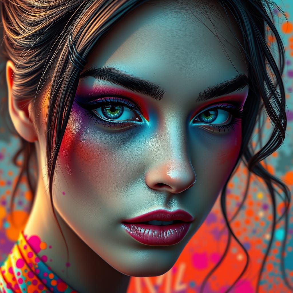 Woman with Vibrant Eye Makeup in Hyperrealistic Style