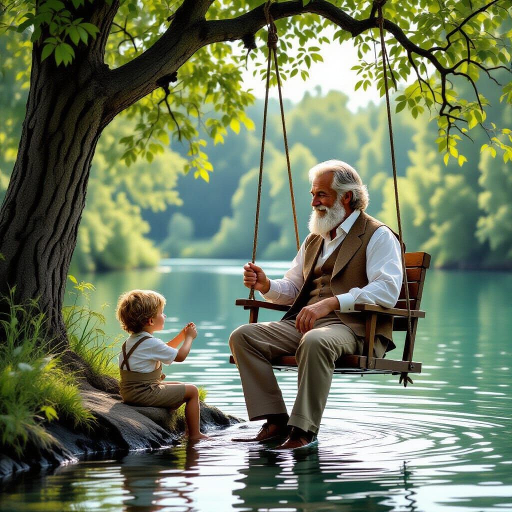 Elegant Man on Swing Watching Child by River
