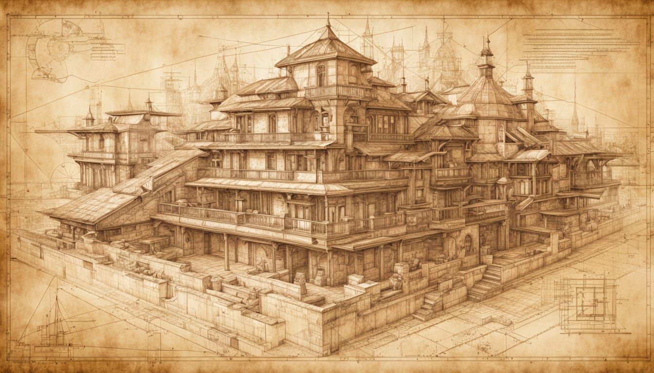 Architectural Plans Drawn With Intricate Line Work