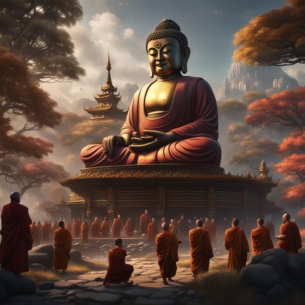 Buddha Teaching Monks: Detailed Matte Painting