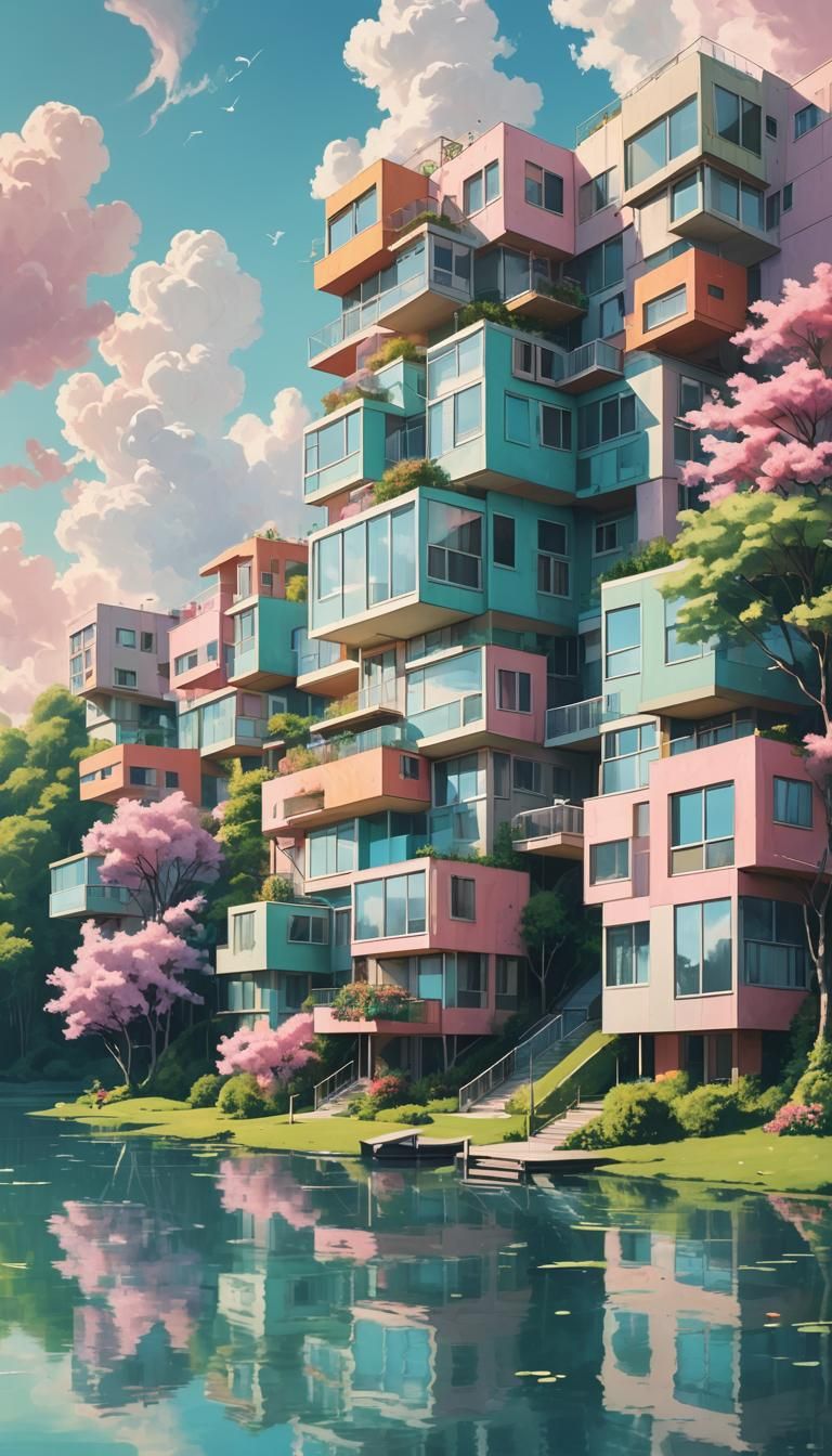 Dreamlike Apartment Block with Slides in Surreal Pastel Scen...