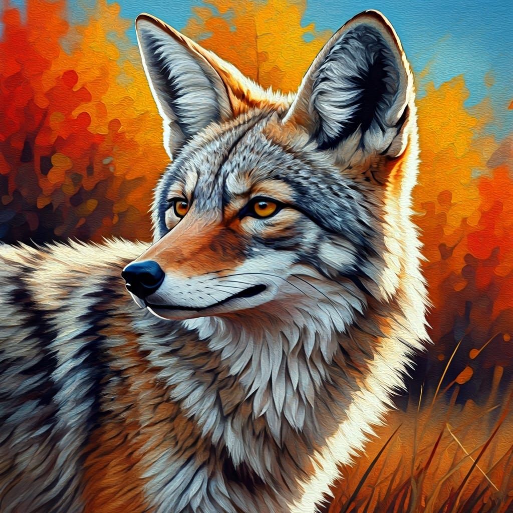 Autumn Coyote on the Prairie as Impasto Painting
