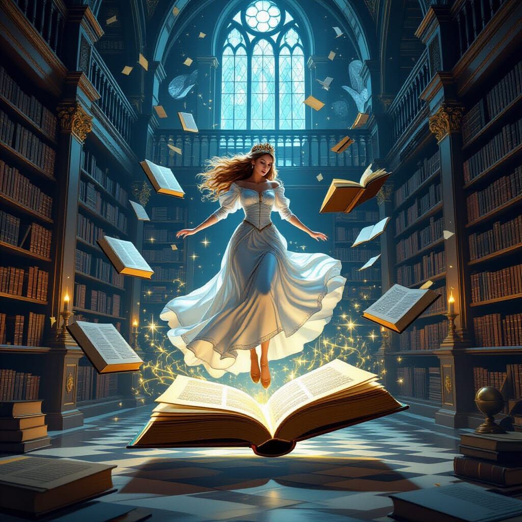 Queen Levitating Amidst Magical Library Treasures