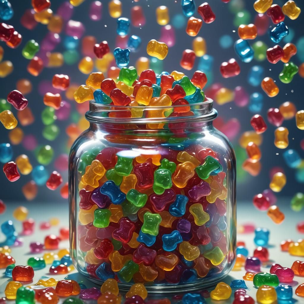 Colorful Gummy Bear in Glass Jar, Hyperrealism