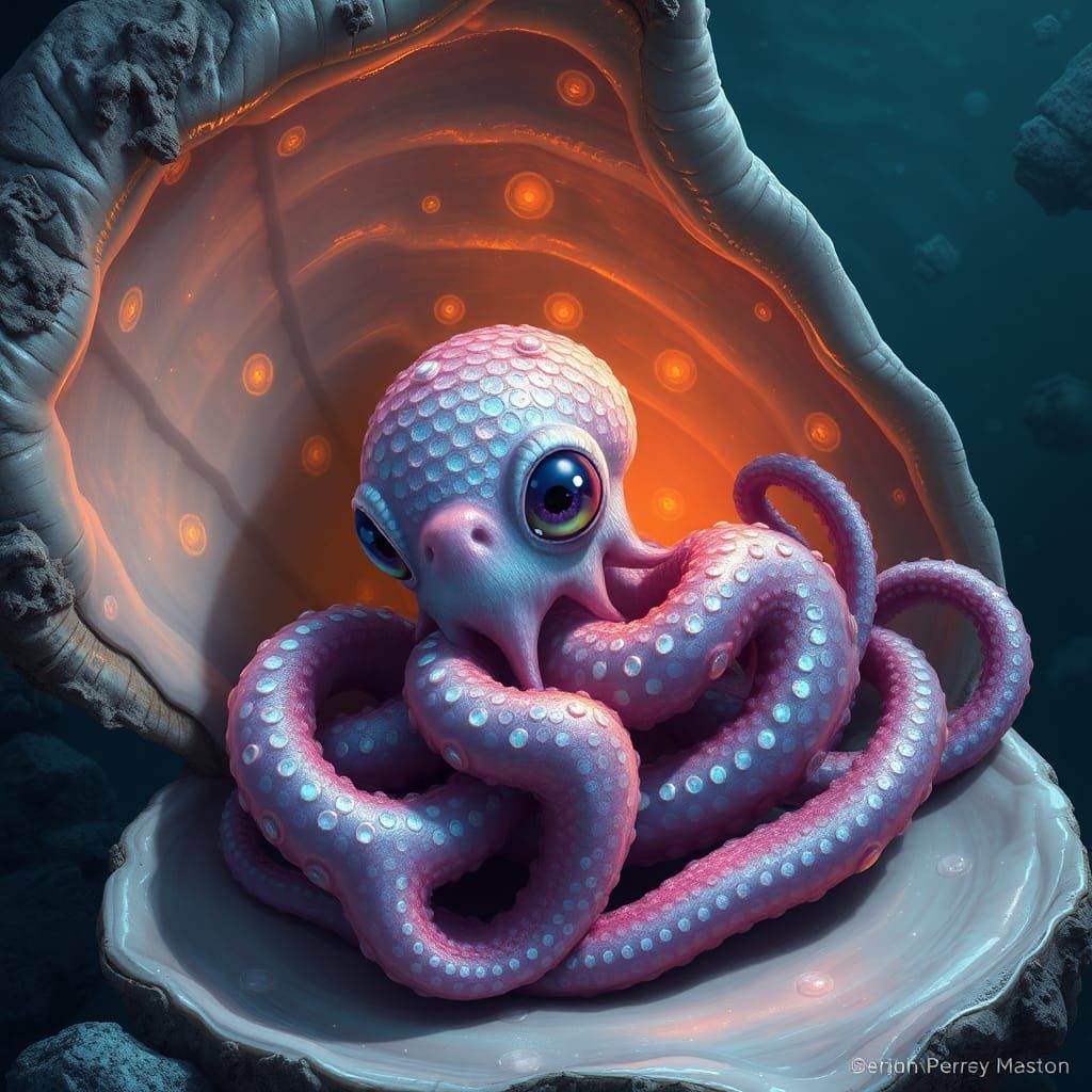 Adorable Kraken in Clamshell, Fantasy Concept Art