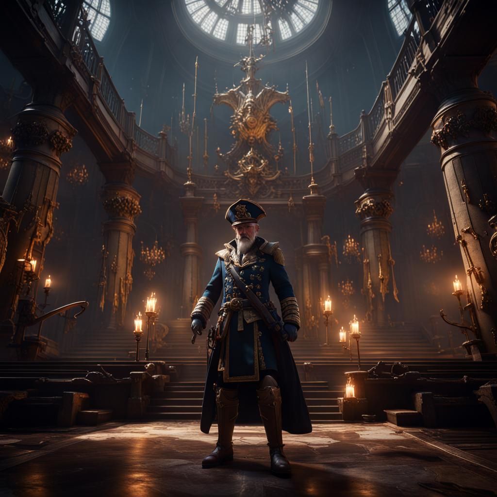 Evil Admiral Wielding Magic in 3D Cinematic Style
