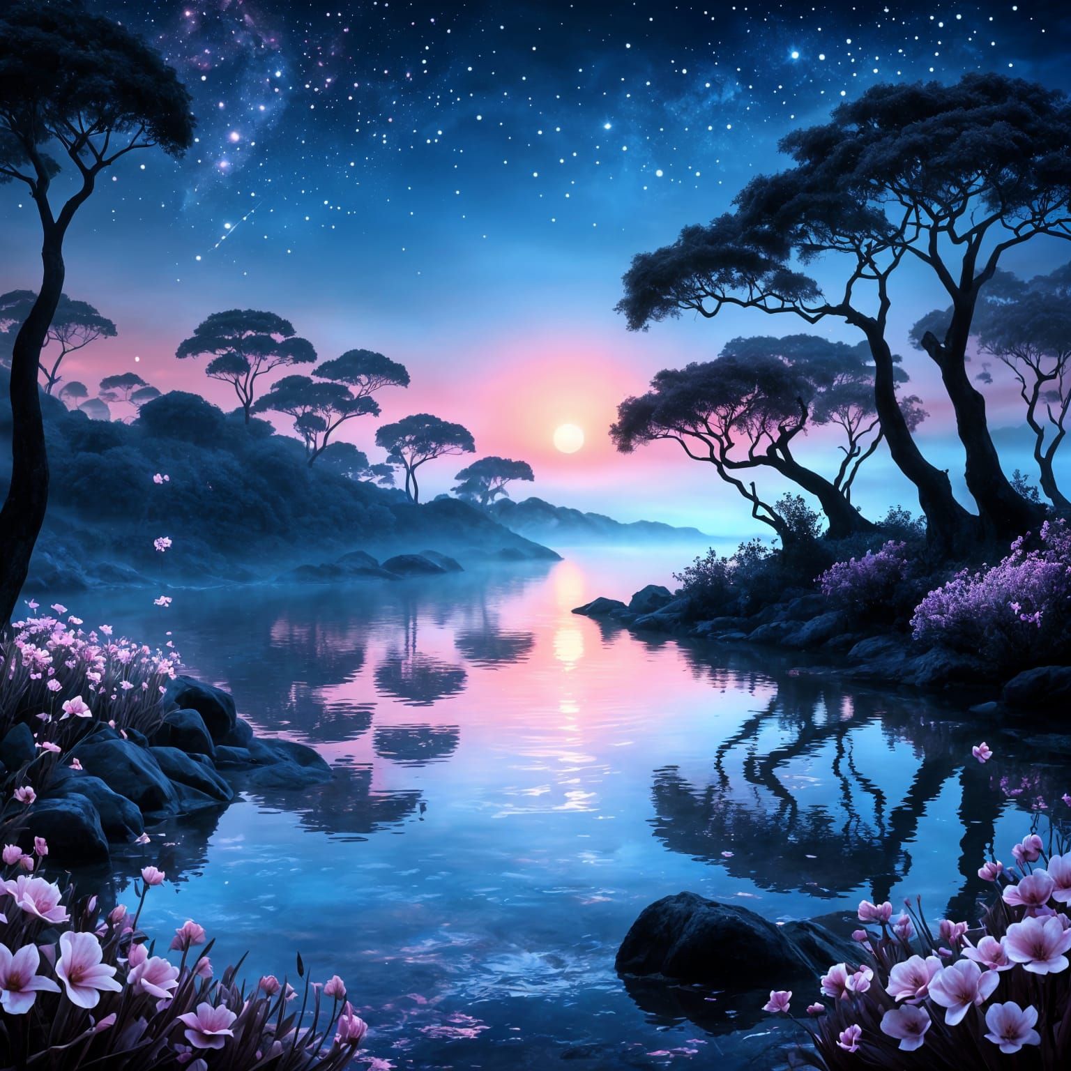 Pink Sepia Sunset Seascape with Flowers and Moonlight