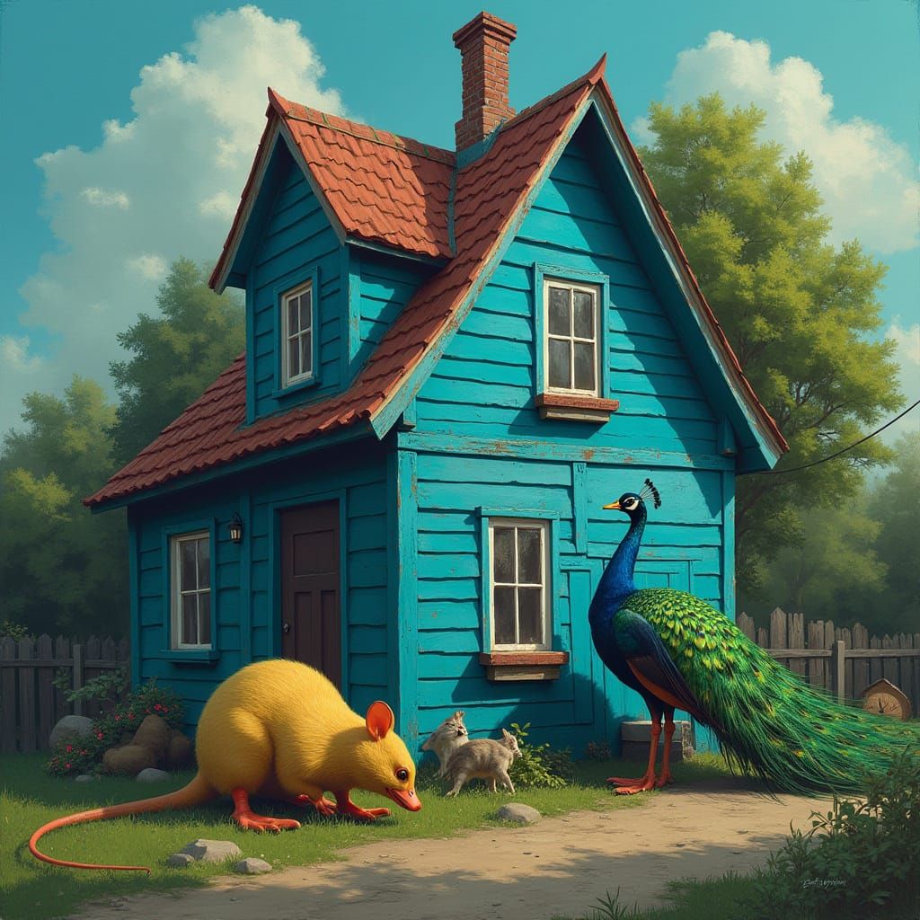 Surreal Blue House with Peacock and Golden Duck