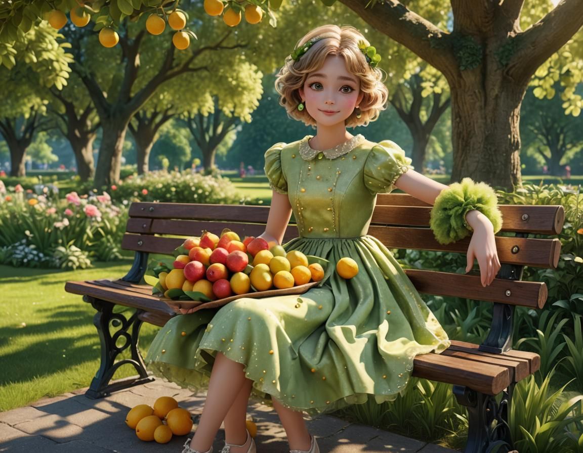 Girl in Fruit Dress in English Garden, 3D Render
