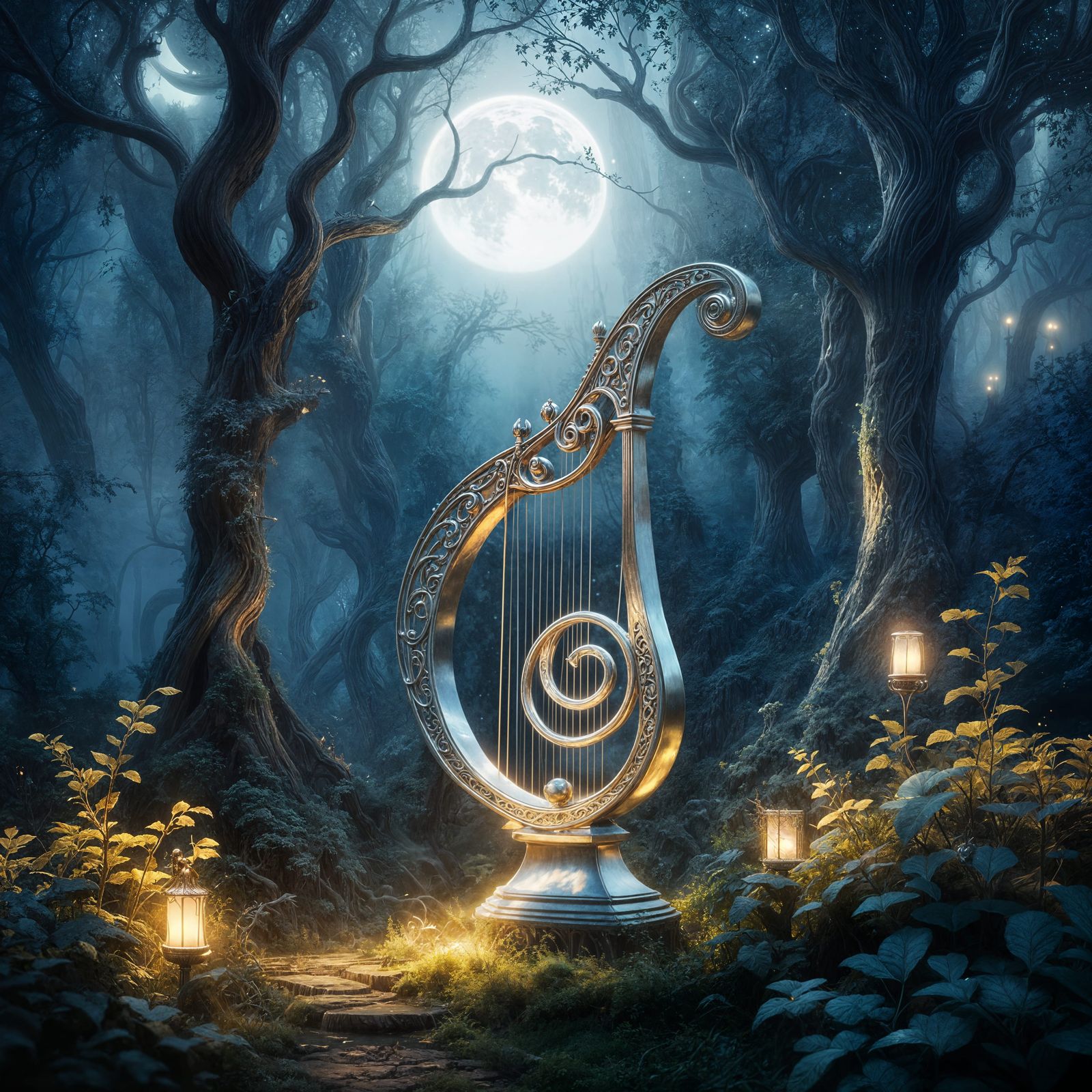 Epic Elven Silver Lyre as Digital Matte Painting