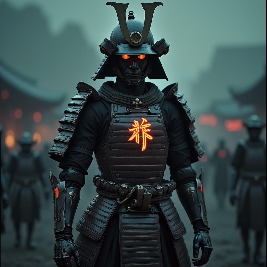 Cyberpunk Samurai Warrior on Dark Battlefield